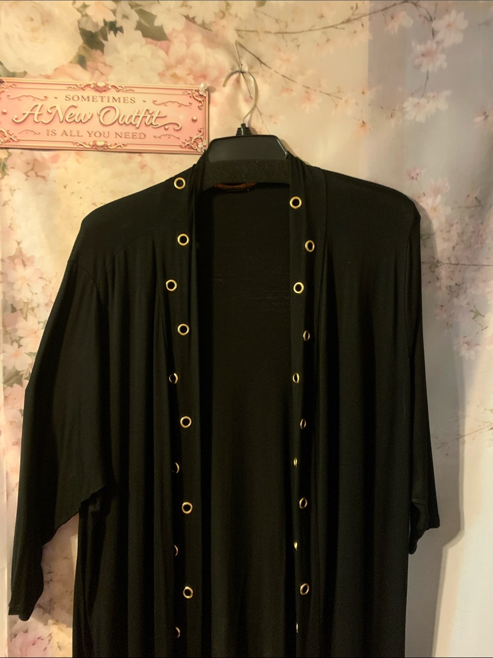 Belldini Black Open-Front Draped Jacket with Gold Eyelet Trim